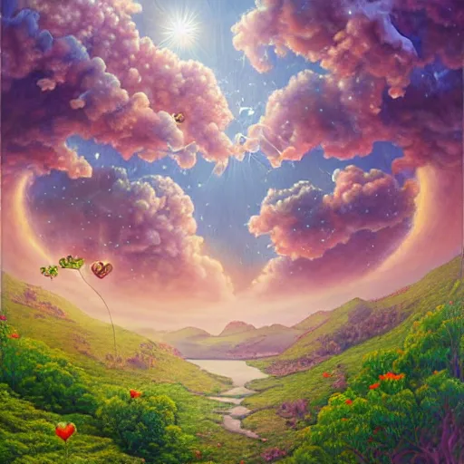 Image similar to a detailed fantasy painting of romantic hearts in the sky and big broccolis floating in the sky, by lauri blank, artgerm, evelyn de morgan, 8K, 50mm lens