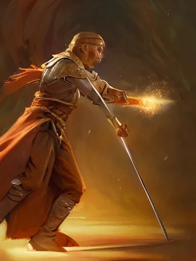 Prompt: a master wielding a quarterstaff in a desperate posture ready to fight. intricate, elegant, highly detailed, digital painting, artstation, concept art, sharp focus, illustration, by justin gerard and artgerm, 8 k