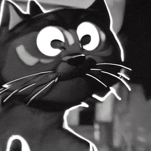 Prompt: felix the cat leaving a dive bar trashed at 3 am in the morning, film still, panavision panaflex