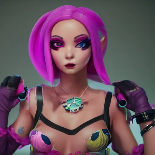 Image similar to still of pretty Jinx (League of Legends) in KDA More music video. 3d render, octane render, game art, realistic, highly detailed, trending on artstation, 4k, trending on artstation, pixar, cgsociety, unreal engine 5, redshift render, trending on artstation, blender, behance, cg