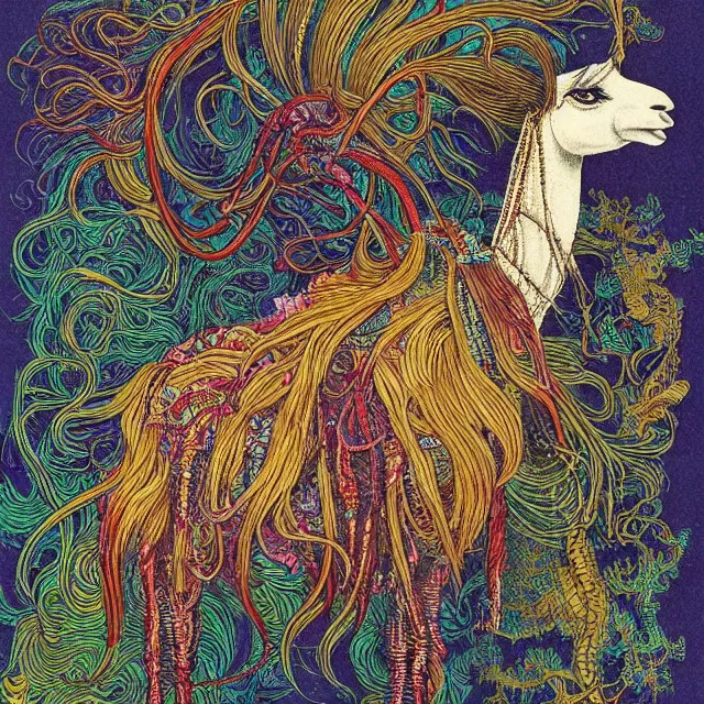 Prompt: llama with dreadlocks, beautiful colors, by otomo katsuhiro, ernst haeckel, james jean