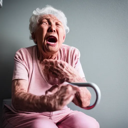 Image similar to elderly woman screaming on a toilet, canon eos r 3, f / 1. 4, iso 2 0 0, 1 / 1 6 0 s, 8 k, raw, unedited, symmetrical balance, wide angle