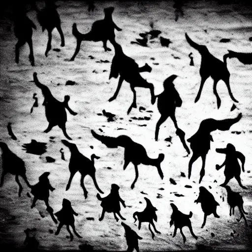 Prompt: la marche harmonique, dakr abstract blurry black and white disturbing old photograph full of mysterious black silhouettes, tim burton