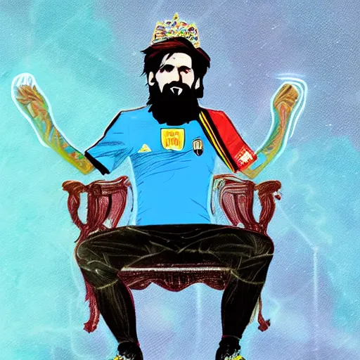 Image similar to messi sitting on a throne with argentina shirt, long beard, digital drawing, fantasy, vaporwave