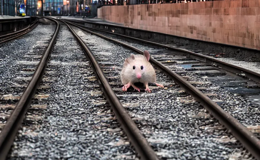 Prompt: giant rat sitting on railways of tonnel of moscow subway. extreme high detail. photo by russos.