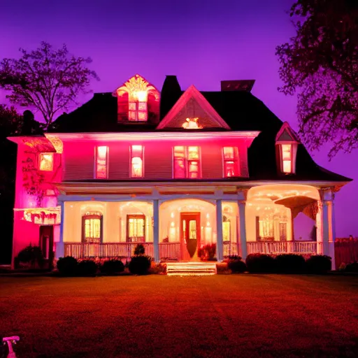 Image similar to Pink Palace, Coraline, Victorian house, at night, glowing flowers, cinematic lighting, norman rockwell style,