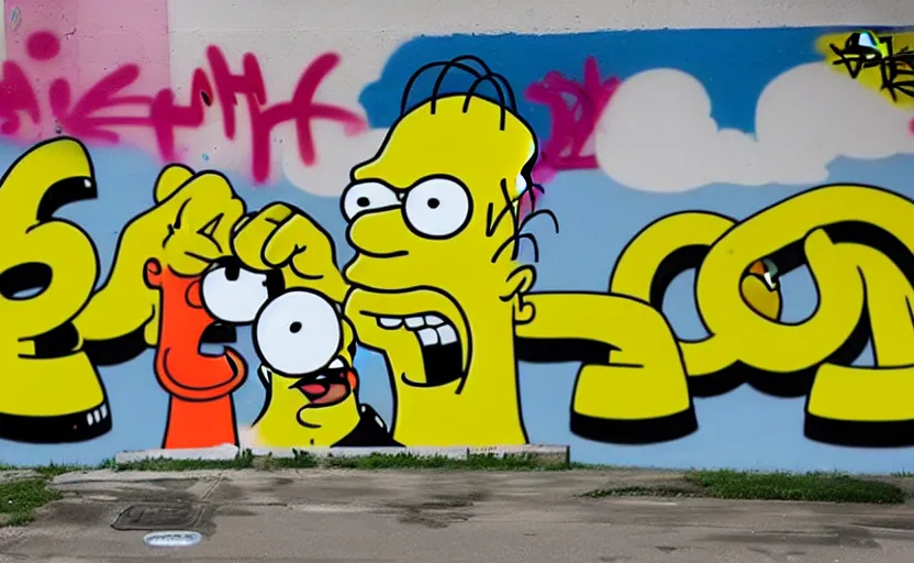 Prompt: a real life cartoon character homer simpson covered with graffiti by henry chalfant