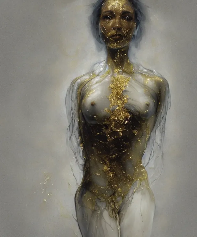 Image similar to Beautiful full-body wax sculpture of glowing transparent woman with visible gold bones covered with melted white candle wax inside the singularity where stars becoming baroque folds of black matter by Michelangelo da Caravaggio, Nicola Samori, Ilya Repin, Alex Grey, William Blake, Beksinski and Greg Rutkowski, dramatic volumetric lighting, highly detailed oil painting, octan render, 8k, masterpiece