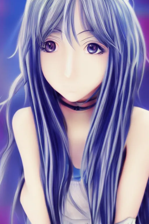 Prompt: close up portrait of an anime girl, blue long hair, by mai yoneyama, anime stile, cell shading, blurred background