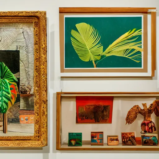 Image similar to An offset photography of a composition of five object on display, colors, (anthropology of wonder), ((((exotic artifacts)))), bauhause, tropicalism, (colonial expedition), exhibition print, 60s style