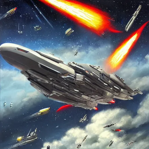 Image similar to science - fiction space battleship in combat, explosions, highly detailed, trending on artstation, mate painting