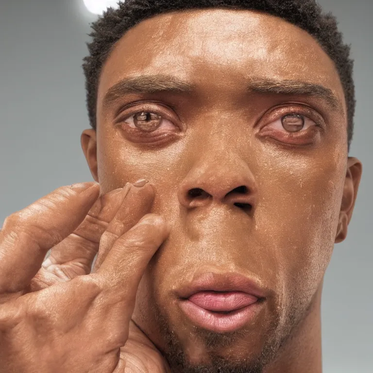 Image similar to beautiful close - up studio photograph of colorful postmodern portrait sculpture of chadwick boseman disappointed, beautiful symmetrical face accurate face detailed face realistic proportions, made of spray - painted beeswax on a pedestal by ron mueck and matthew barney and greg rutkowski, hyperrealism intense cinematic lighting shocking detail 8 k