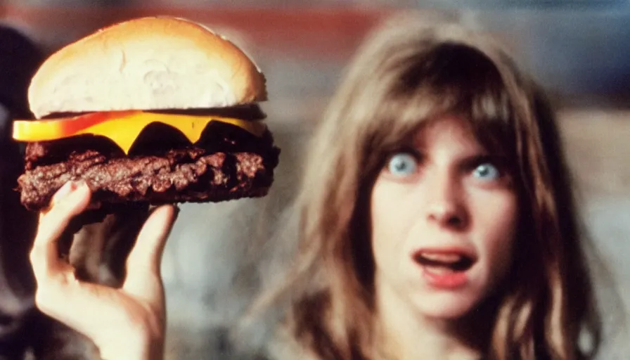 Prompt: 7 0 s film still from a horror movie starring a person with anorexia holding a burger, kodachrome, cinecolor, cinestill, photorealism, cinematic, film grain, film texture, vhs recording