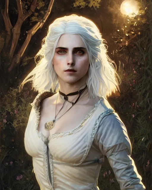 Image similar to Pre-Raphaelite Ciri from Witcher 3 by Artgerm and Greg Rutkowski, wearing haute couture by schiaparelli, sharp focus, sun rays, full body, intricate, elegant, highly detailed, digital painting, pale