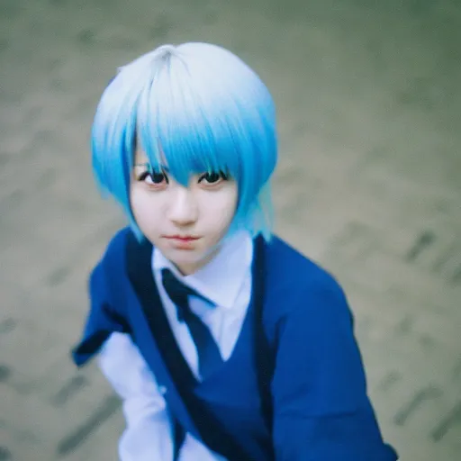 Image similar to a portrait on an anime character with bright blue hair. they have on a school uniform and their expression is softer than usual for this character. the background is blurred to keep the focus on the character. cinestill 8 0 0 t