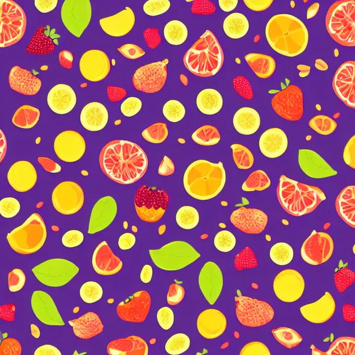 Prompt: vector pattern with fruits, vector illustration, simple colors, minimalism, symmetry, symmetrical, looping, artstation, DeviantArt