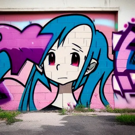 Image similar to graffiti on a wall, happy anime ,
