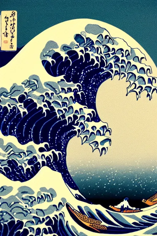 Image similar to The Great Wave off Kanagawa, Moon in the background, fine art photography