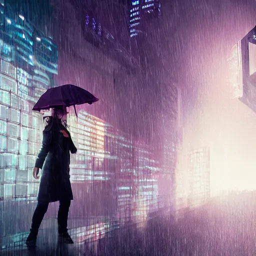 Image similar to hyperdetailed beautiful girl in the rain interacting with a holographic interface on a wall in a future cyber punk style city trending on cgsociety