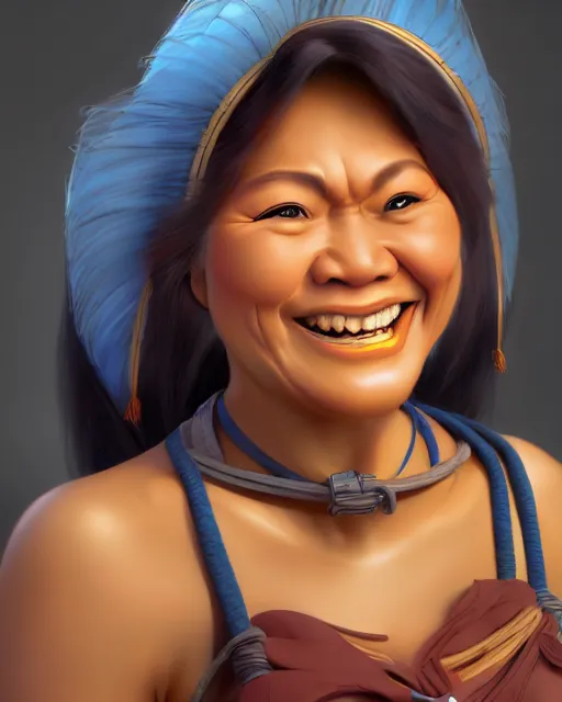 Image similar to smiling happy heavy filipina woman character portrait, by don bluth, sci - fi environment, highly detailed, dynamic shadows, 4 k, wallpaper - 1 0 2 4