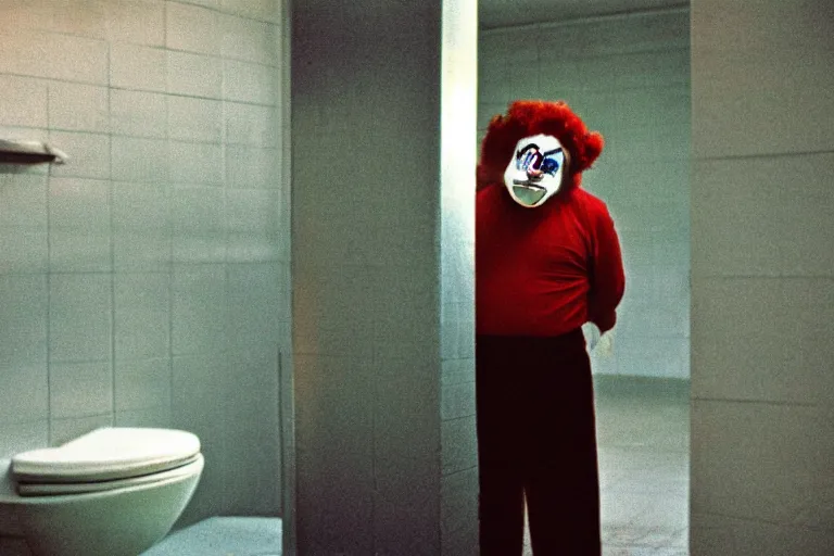 Image similar to close-up color film photography 1970s, sad clown stands in public bathroom, soft light, 35mm, film photo, Joel Meyerowitz