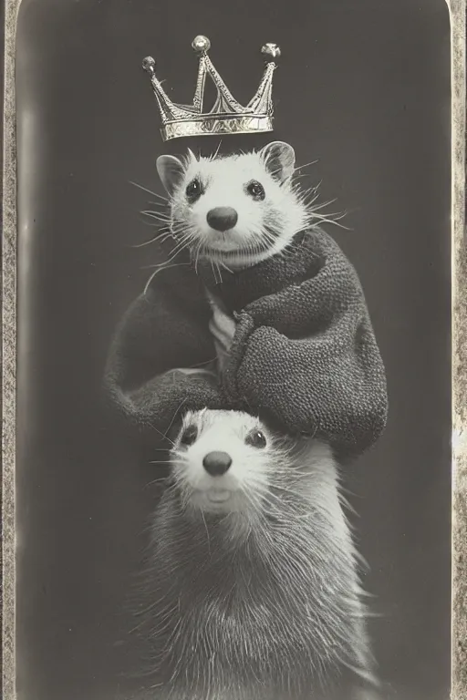 Prompt: a wet plate photo of a ferret king, wearing a crown, wearing a robe