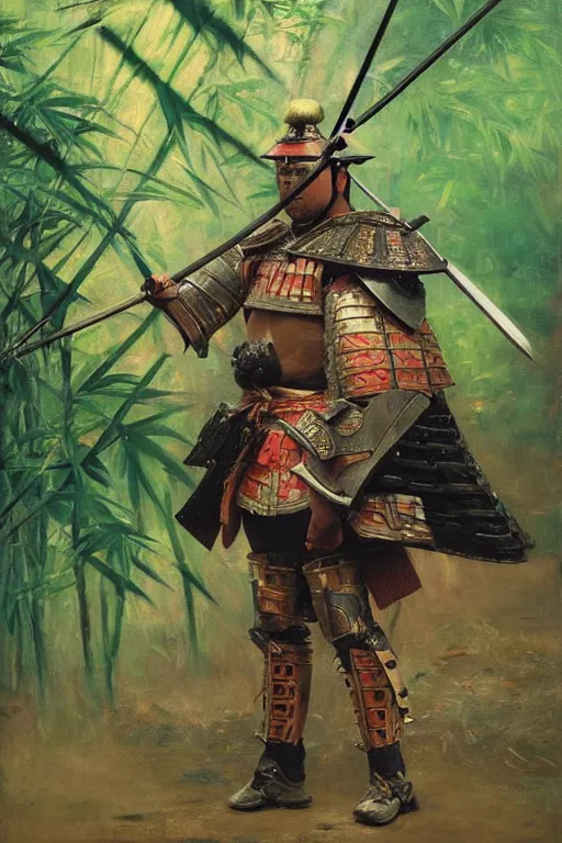 Image similar to close up of samurai warrior in full armor, in a bamboo forest, by vladimir volegov and alexander averin and delphin enjolras and daniel f. gerhartz