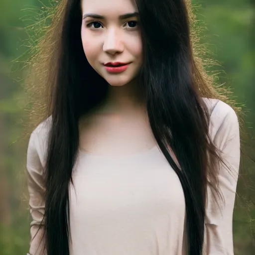 Image similar to real life photo of a beautiful girl, full body photoshoot, long black hair, full round face, short smile, brown shirt, forest setting, cinematic lightning, medium shot, mid - shot, highly detailed, trending on artstation, iso 2 0 0, f 1. 4, 8 0 mm, 8 5 mm, natural light