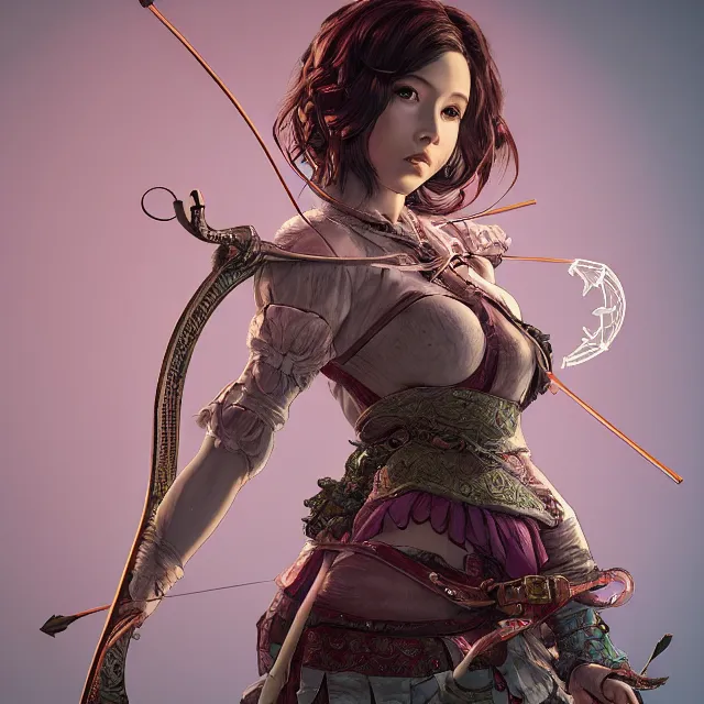 Image similar to the portrait of lawful neutral semi - colorful female archer socialite as absurdly beautiful, gorgeous, elegant, young gravure idol, an ultrafine hyperdetailed illustration by kim jung gi, irakli nadar, intricate linework, bright colors, octopath traveler, final fantasy, unreal engine 5 highly rendered, global illumination, radiant light, detailed and intricate environment