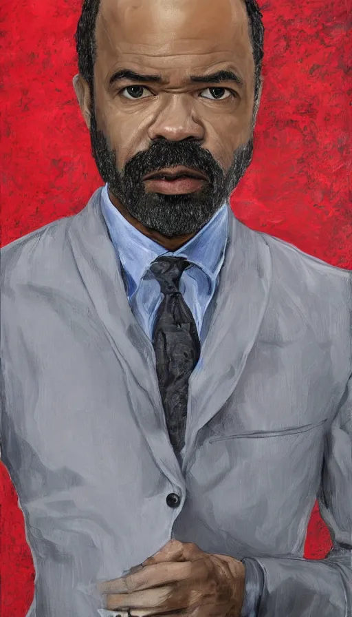 Prompt: Jeffrey Wright in dark grey jacket, mid grey, light blue shirt, black tie, in red dead redemntion 2, portrait, painting by Lucian Freud, edward rucha, rembrandt