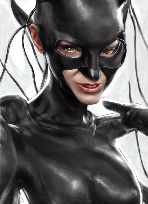 Image similar to catwoman, from batman, au naturel, hyper detailed, digital art, trending in artstation, cinematic lighting, studio quality, smooth render, unreal engine 5 rendered, octane rendered, art style by klimt and nixeu and ian sprigger and wlop and krenz cushart