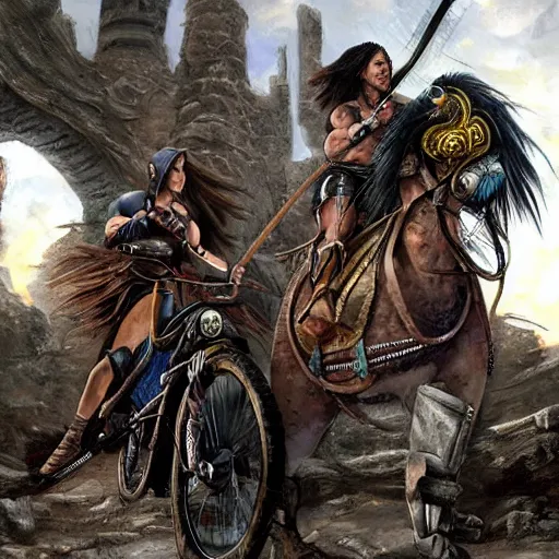 Image similar to Conan barbarian ride bycicle, photorealistic