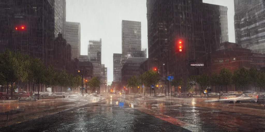 Prompt: neoliberal hubris destroying downtown denver with heavy rain, cinematic, ultra - realistic, ultra - detailed, octane render, unreal engine 5, depth of field