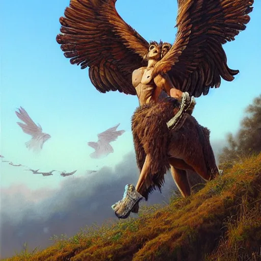 Prompt: a realistic oil painting of a winged lion's body with an eagle head, highly detailed, trending on artstation, by james gurney and michael whelan