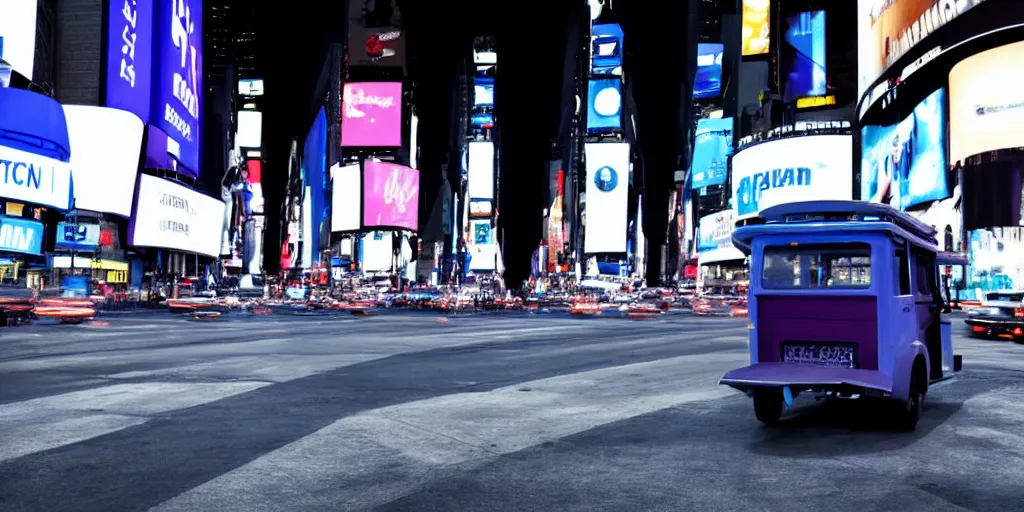 Image similar to a blue and white tuk tuk in Times Square at night, hazy, cloudy, diffused lighting, concept art, dark purple tones, shallow depth of field4k