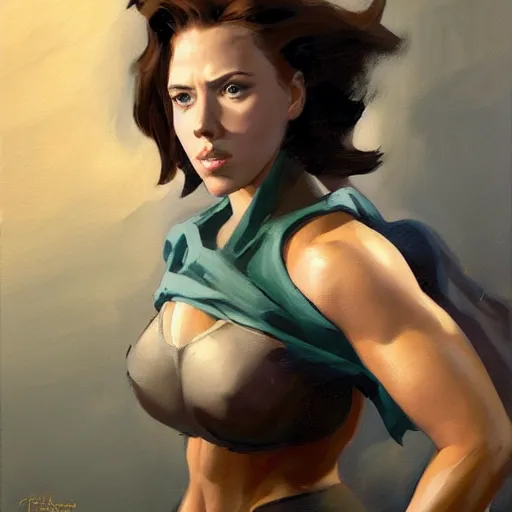 Image similar to greg manchess portrait painting of scarlett johansson as adult beautiful thick muscular female bodybuilder toph beifong from avatar, medium shot, asymmetrical, profile picture, organic painting, sunny day, matte painting, bold shapes, hard edges, street art, trending on artstation, by huang guangjian and gil elvgren and sachin teng