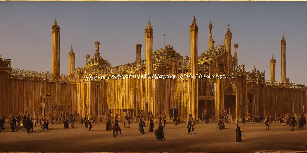 Prompt: a color photograph of the crystal palace, london exhibition of 1 8 5 1, golden hour