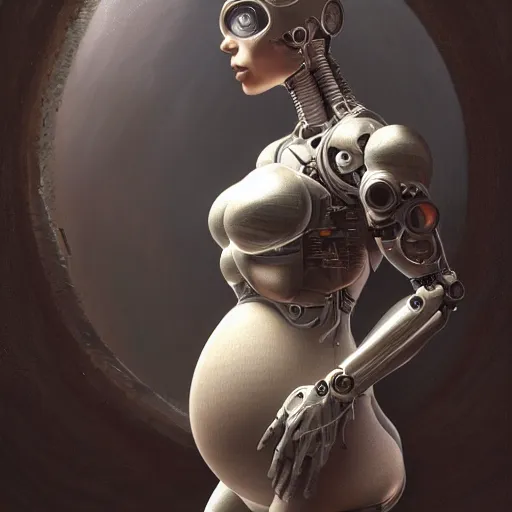 Prompt: pregnant female cyborg, robot anatomy elements, female body elements, cozy atmospheric and cinematic lighting, ultra rendered extreme realism and detail 8 k, realistic, giger, in the style of greg rutkowski, by artgerm, by gustave dore, by marco turini, photorealistic, elegant, sharp focus,