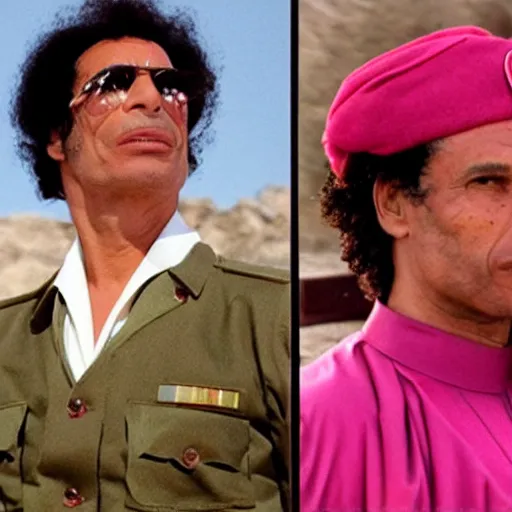 Image similar to A movie still of Muammar Gaddafi wearing a pink dress in Mean Girls