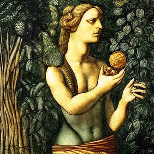 Image similar to the snake in the garden of eden holding a golden apple in its hand, coiled around a tree. painted by leonardo davinci