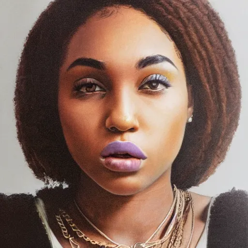 Prompt: a masterpiece portrait photo of a beautiful young woman who looks like a black miley cyrus, symmetrical face