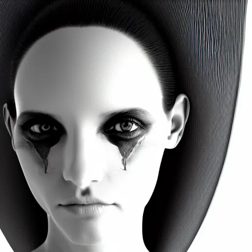 Image similar to a black and white 3D render of a beautiful portrait of a young female angelic-dragon-cyborg face with a very long neck, 150 mm, orchids, Mandelbrot fractal, anatomical, flesh, facial muscles, veins, arteries, full frame, microscopic, elegant, highly detailed, flesh ornate, elegant, high fashion, rim light, ray trace, octane render in the style of H.R. Giger and Man Ray, Realistic, Refined, Digital Art, Highly Detailed, Cinematic Lighting, rim light, black and white, photo-realistic Unreal Engine, 8K