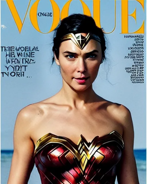 Prompt: Wonder Woman with Chris Hemsworth face, Vogue cover photo