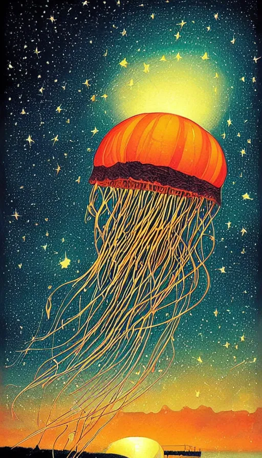 Image similar to Jellyfish floating in starlit sunset sky, italian futurism, Dan Mumford, da vinci, Josan Gonzalez