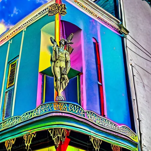 Image similar to the good god zeus in a marvelous and appropriate tuxedo standing in new orleans ; technicolor radioactive wax nanodetailed vinyl architecture