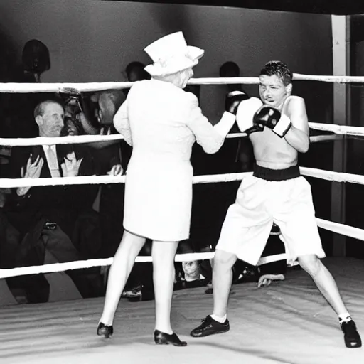 Prompt: the queen of england winning a boxing match