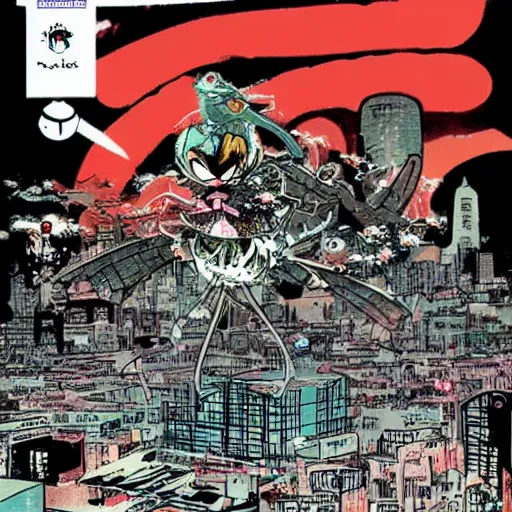 Prompt: “Astro Boy Demon nº625 Manga cover with an illustration of astroboy flying over a big messy luminous city, bird eyes view of the city, full of japanese signs, Ashley wood style, dynamic composition, printed on paper”