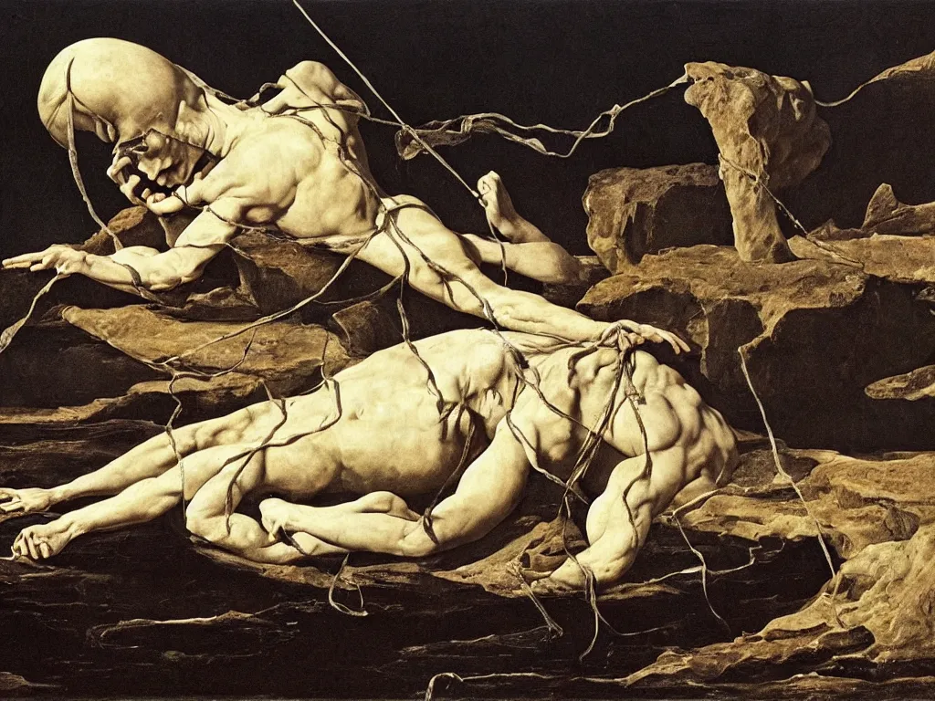 Prompt: Tormented man tied to a boulder with the strange reptile, fungi, mollusks creatures of Mars. Surreal, melancholic, vortex river, fumesm iceberg. Painting by Caravaggio, Caspar David Friedrich, Walton Ford