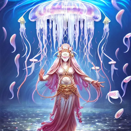 Prompt: A painting of priestesses worshipping at the jellyfish temple, shrouded in mist, jellyfish god, jellyfish priestess, jellyfish shrine maiden, 8K, illustration, art by Artgerm and Justin Cheung and Gabriele Dell'Otto, smoke, undersea temple with fish, cinematic, insanely detailed and intricate, hypermaximalist, elegant, super detailed, award-winning, mauve and cinnabar and cyan, rainbow accents, mysterious, ancient, ritual, trending in cgsociety, artstation HQ, ornate, elite, haunting, matte painting, beautiful detailed, insanely intricate details, dreamy and ethereal, otherworldly