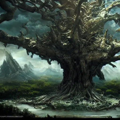 Prompt: Tree of life, epic scene, paint by Raymond Swanland